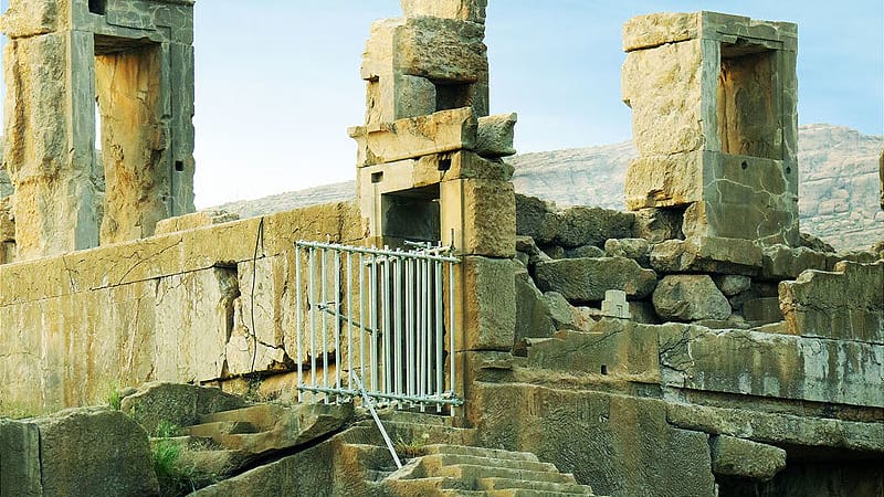 ruined persepolis in east entrance with huge stone in near shiraz